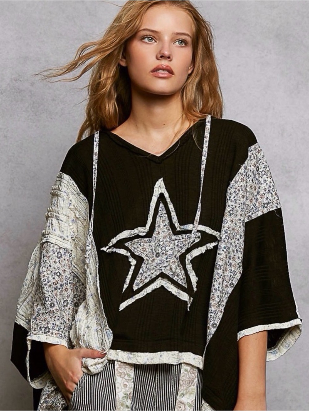 POL Black and Cream Star Patchwork Pullover